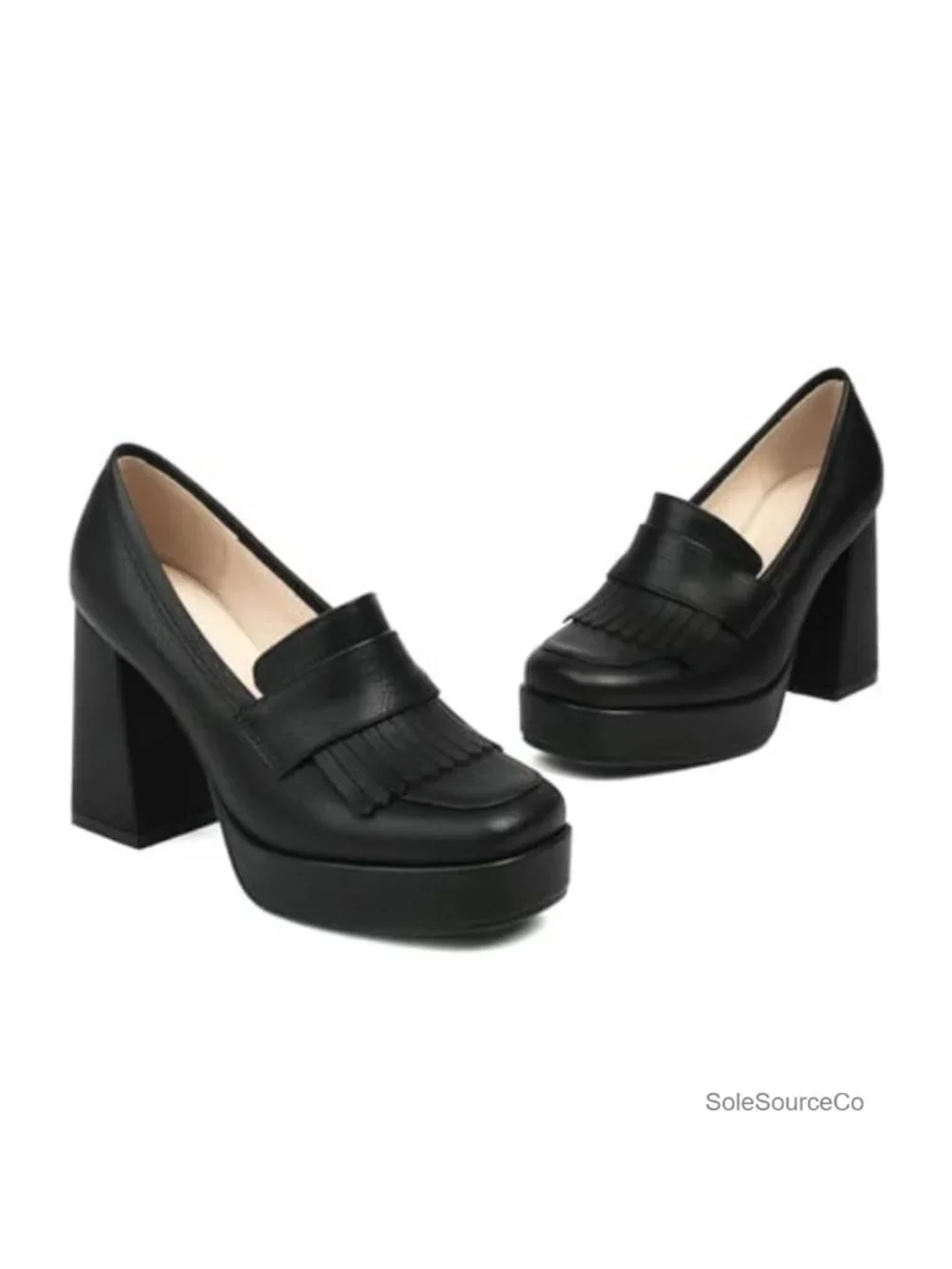 Women's Chunky Heeled Loafers Square Toe Tassel PU Slip On Platform Block Heel